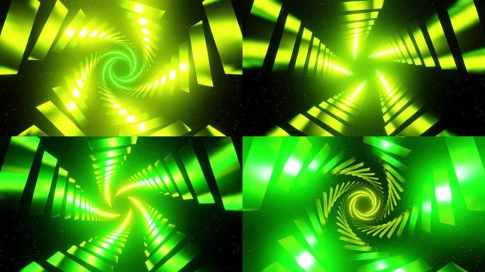 抽象螺旋Vj动画绿色和黄色霓虹灯背景为舞曲3d渲染。Vj和Dj loop为酒吧、夜总会、音乐节、狂欢