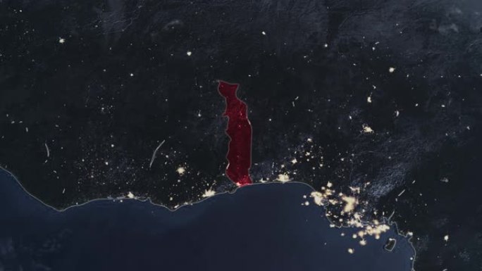 突出显示的多哥黑暗地图，通过4K照片真实动画地球从太空放大，全景包括非洲、西欧和美国。史诗旋转的世界
