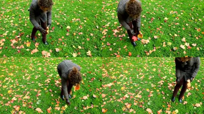 年轻女子从地面上收集秋叶