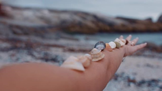 特写女人在手臂上平衡美丽的贝壳享受暑假