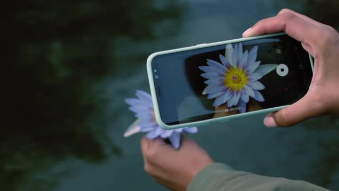 用智能手机相机拍摄自然美景的女人在社交媒体上分享