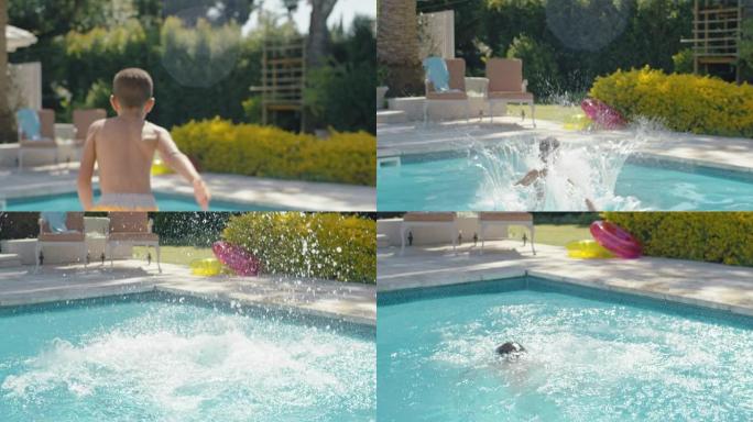 小男孩跳进游泳池泼水玩得开心晴天游泳快乐孩子在度假屋享受暑假4k