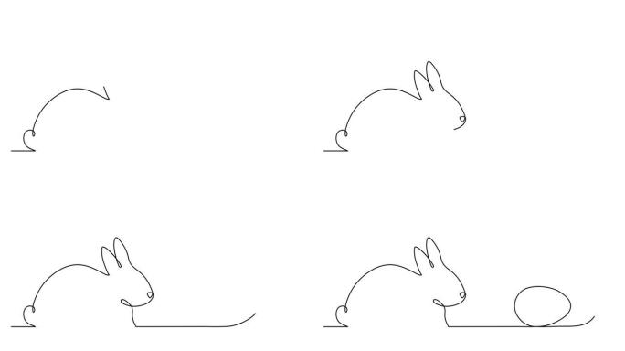复活节兔子和鸡蛋一行动画，手绘帕斯卡兔子连续轮廓运动。基督教节日设计，节日装饰，简单设计。4k电影