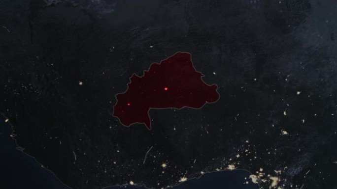 突出显示的布基纳法索深色地图，通过4K照片真实动画地球从太空放大，全景包括非洲、西欧和美国。史诗旋转