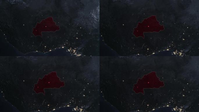 突出显示的布基纳法索深色地图，通过4K照片真实动画地球从太空放大，全景包括非洲、西欧和美国。史诗旋转