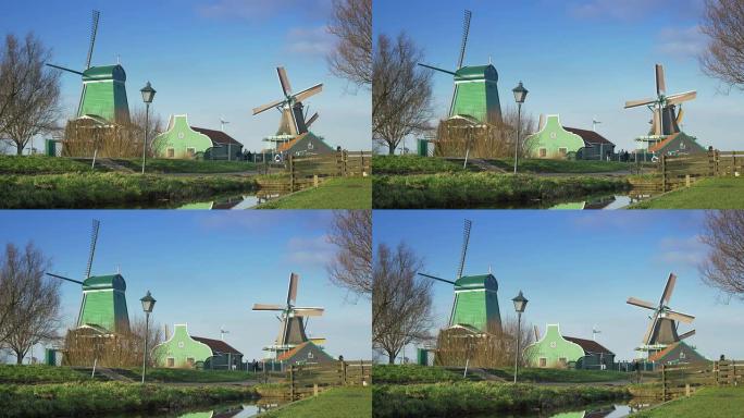 Zaanse Schans的历史悠久的木屋和风车。荷兰