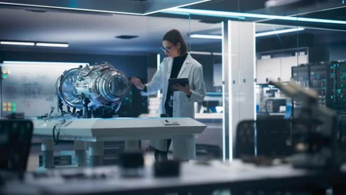 推进发动机研究人员正在研究具有未来派涡轮电机的项目，并与科学技术实验室的平板电脑站在一起。女科学教授