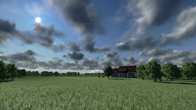 绿色草地和马匹上的房子，延时云