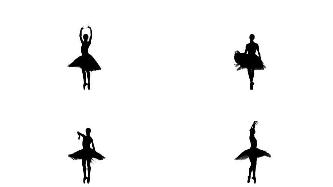 年轻芭蕾舞演员旋转，板条，白色背景，轮廓，慢动作