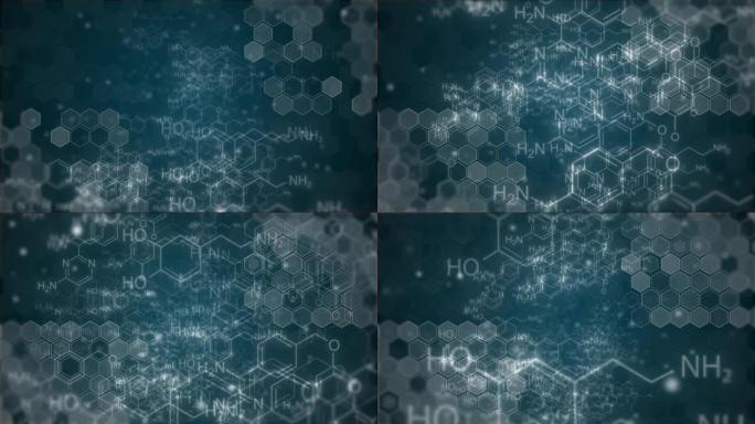 化学结构背景。化学式结构移动动画。相机飞行通过化学配方结构保健医学背景，多巴胺排毒结构背景