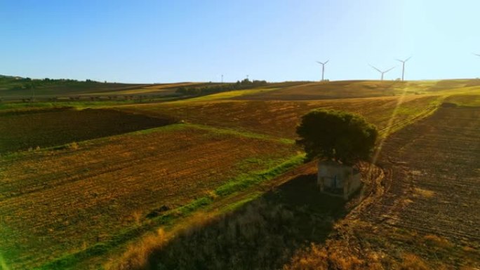 空中拍摄树木和房屋在景观上的风力涡轮机