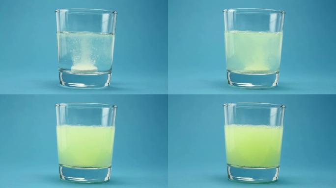 片剂溶解在玻璃水头痛的概念