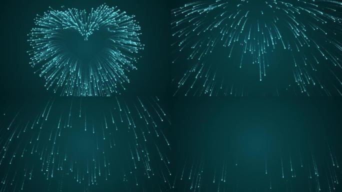 4k彩色烟花与心形形成粒子效果动画，情人节，节日，贺卡，夜间庆祝，循环无缝，发光烟花表演