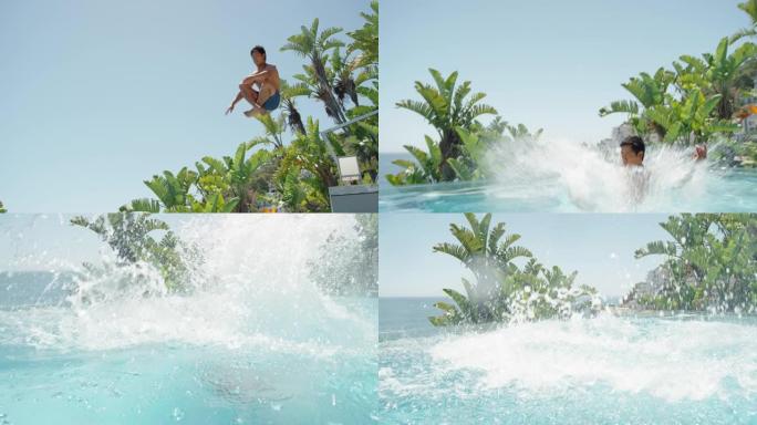 年轻的亚洲男子跳进游泳池玩得开心暑假享受在豪华酒店度假村游泳温暖阳光明媚的日子地中海旅游4k