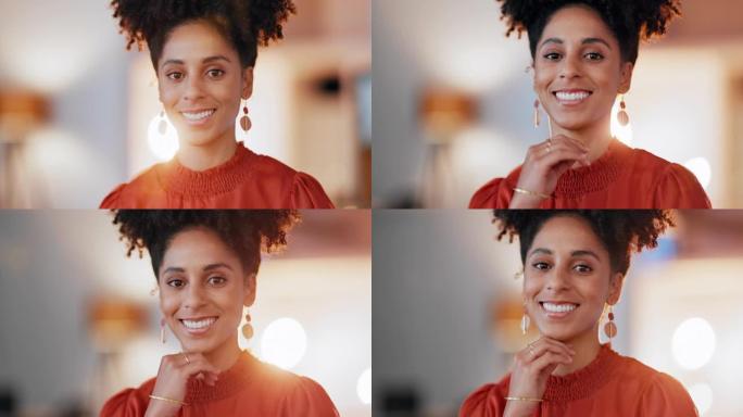 商业、肖像和黑人女性微笑着成为激励、成长和工作的办公室领导者。企业公司企业家的面孔，以管理，快乐的心