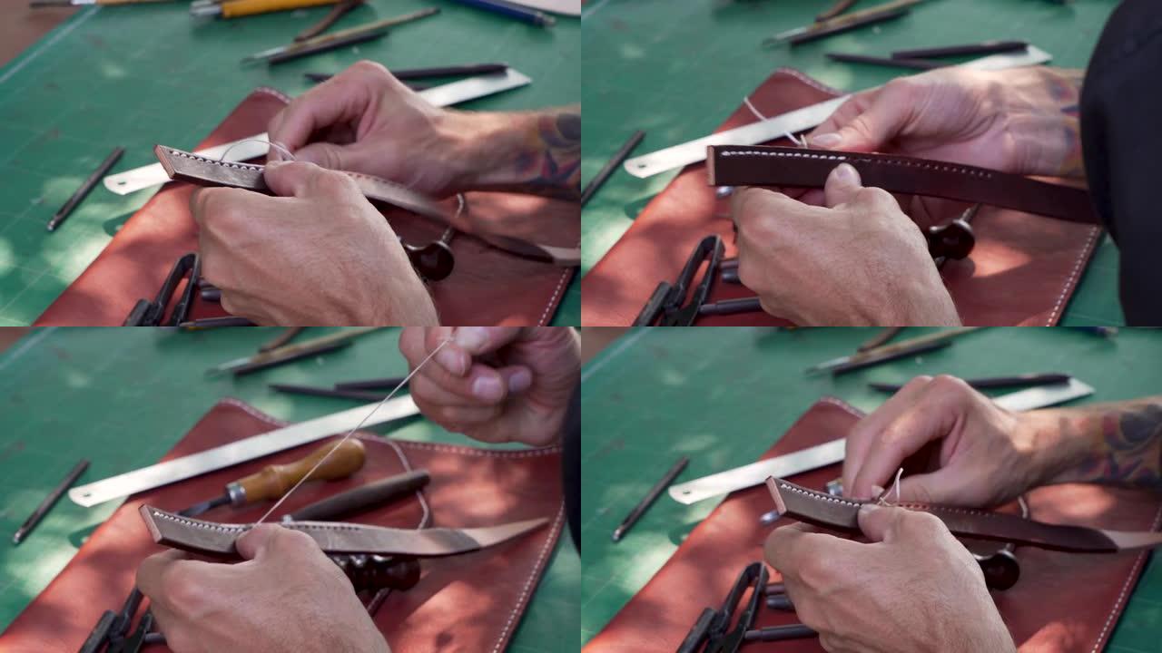 4K，近距离手工手工皮革持针，用线稳定，根据穿孔前的穿孔缝在皮革包带上，用针绣，使其更容易缝制。