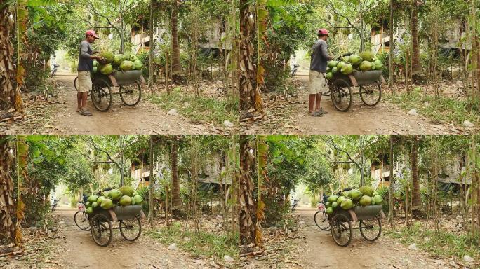 椰子供应商在椰子束上装载杰克水果的自行车拖车