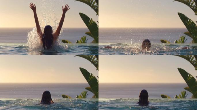 快乐的女人从游泳池水中跳出来，双臂举起，享受地中海酒店度假胜地的暑假，日落时可以看到美丽的海景，旅行