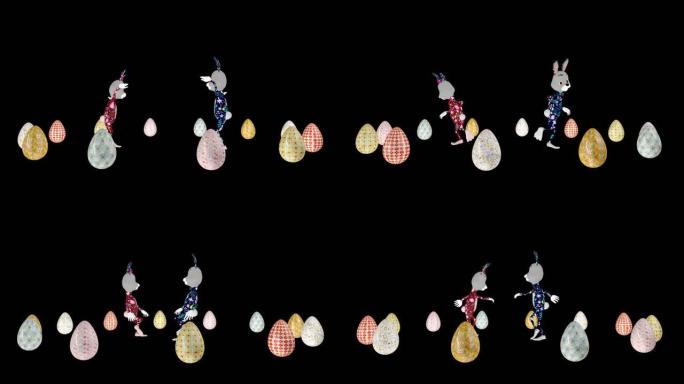 复活节夫妇兔子在复活节彩蛋包围下跳舞，循环，对抗黑色