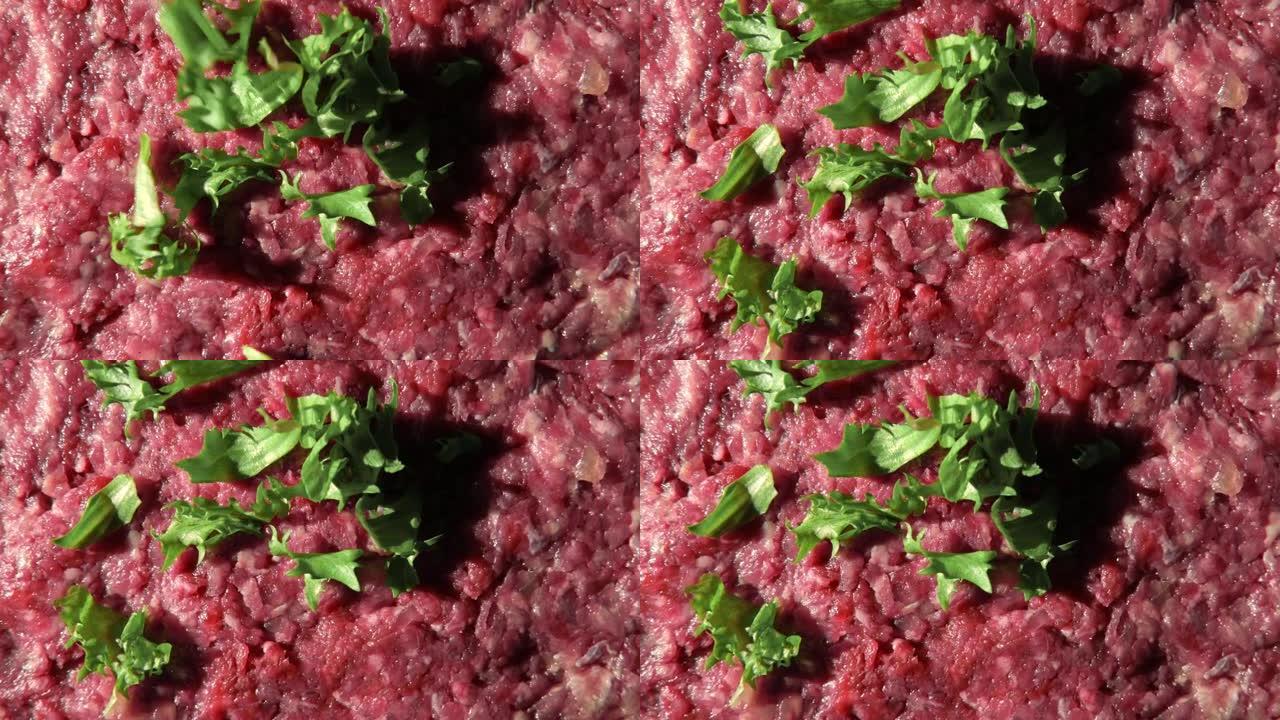 汉堡、牛排、肉排生碎肉的俯视图。生红色forcemeat背景。整帧的辣肉正在旋转，旋转。多汁的牛肉猪