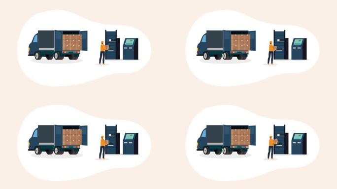 邮政工人将包裹从送货卡车装载到自动储物柜