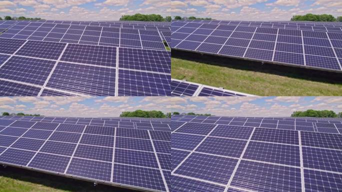 太阳能电池板鸟瞰图。现代光伏发电系统在没有森林砍伐和环境影响的情况下创造了发电。绿色能源和气候变化概