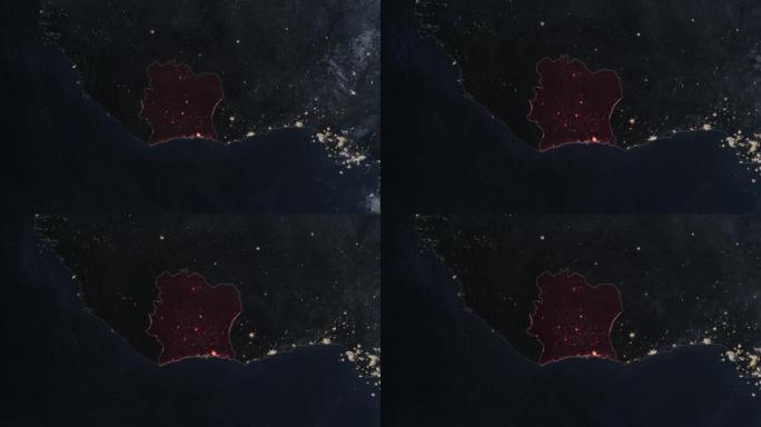 突出显示象牙海岸的黑暗地图，通过4k照片真实的动画地球仪从空间放大，全景包括非洲，西欧和美国。史诗旋