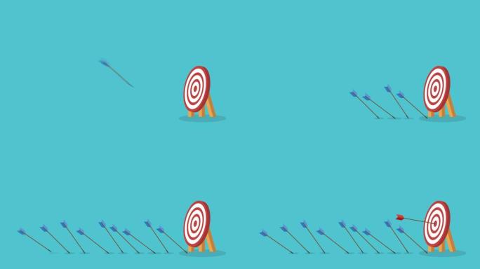 蓝色箭头未击中目标，只有红色箭头击中中心。商业挑战失败和成功理念。