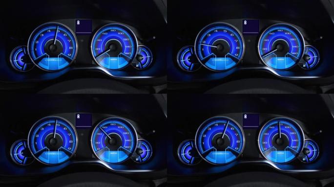 3D动画中蓝色仪表板上的汽车加速
