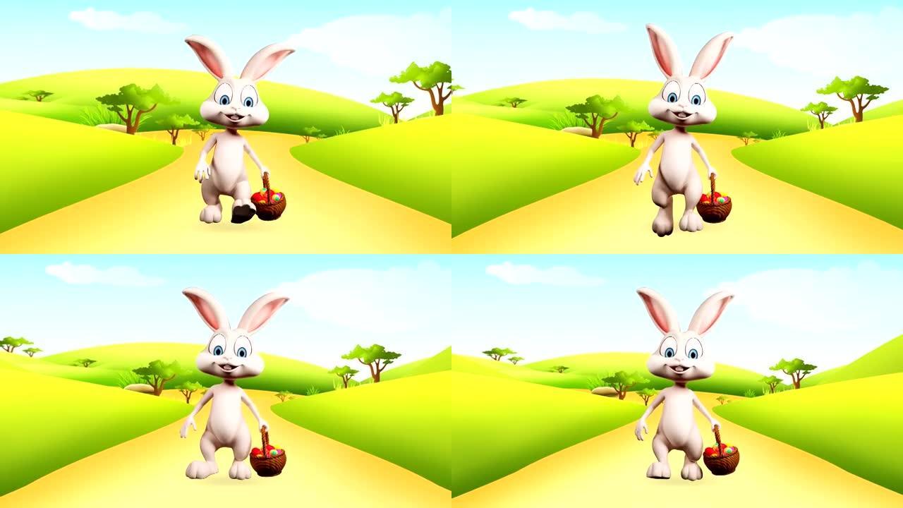 复活节兔子带着鸡蛋篮子散步