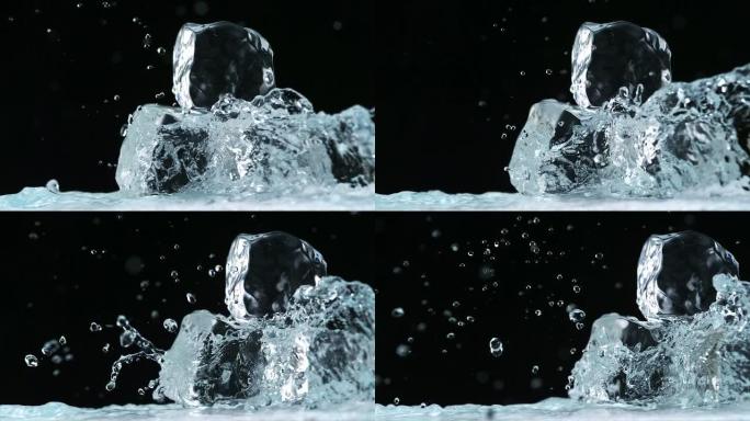 水溅到冰块上，慢动作