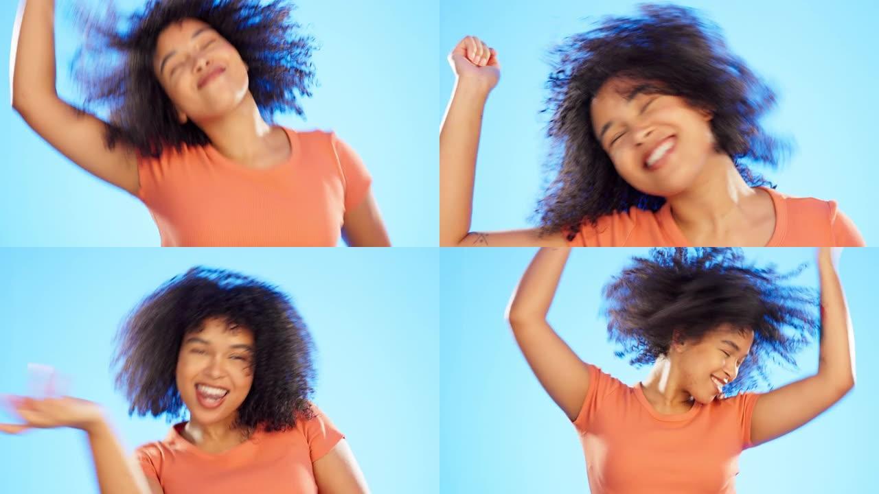 黑人妇女在蓝色背景上跳舞，自由和快乐，无忧无虑地跳舞和节奏。激动、精力充沛、狂野、快乐的工作室女舞者