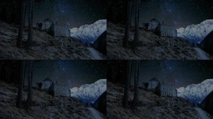时间推移-惊人的夜空与一条路径通往一个石头建筑废墟。背景是美丽的白雪覆盖的阿尔卑斯山