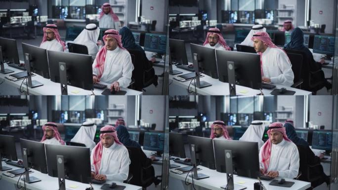 年轻的阿拉伯专家团队在计算机上工作，并在工作场所进行对话。两名男性软件开发人员讨论了其生成式人工智能