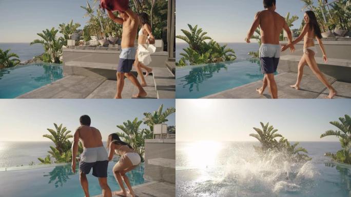 有趣的情侣跳进游泳池，在豪华酒店度假村度蜜月时尽情享受浪漫的暑假，日落时可以看到美丽的海景4k