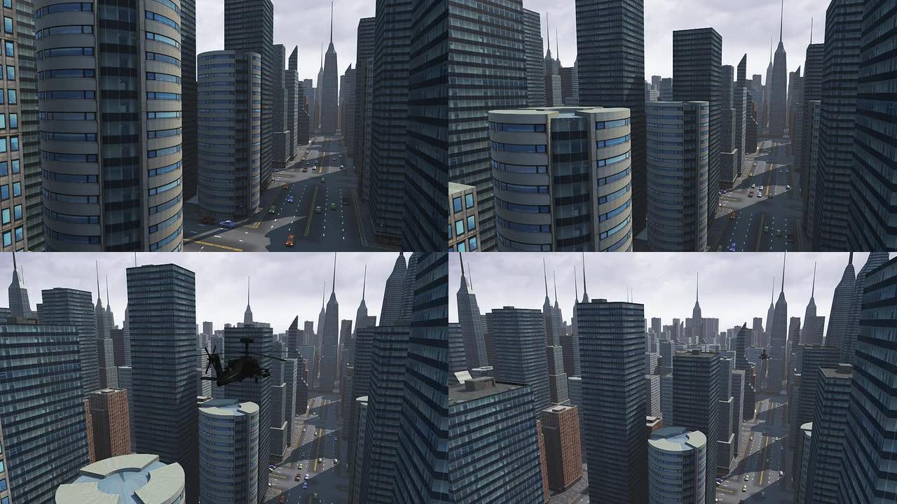 有阿帕奇直升机经过的虚拟城市