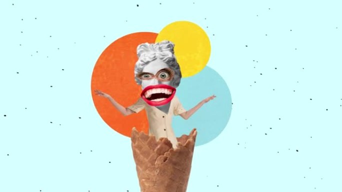 停止动作，动画。当代艺术设计，女人在轻背景下的冰淇淋蛋筒上有古代雕像的头。电子逆向拍卖的比较