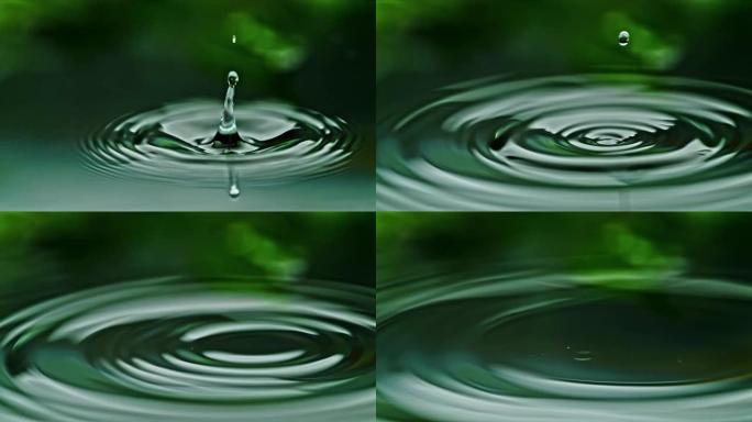 慢动作极限特写水滴飞溅，碧绿水面