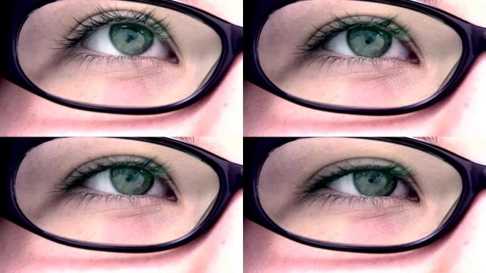 透过眼镜的眼睛的极度特写。