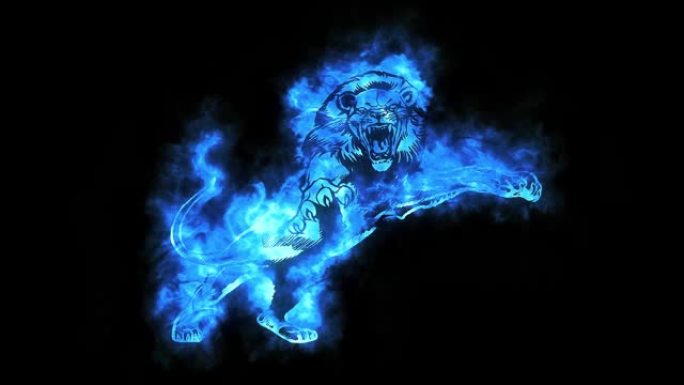 在空的黑色背景上孤立的蓝色燃烧发光的狮子图标的动画