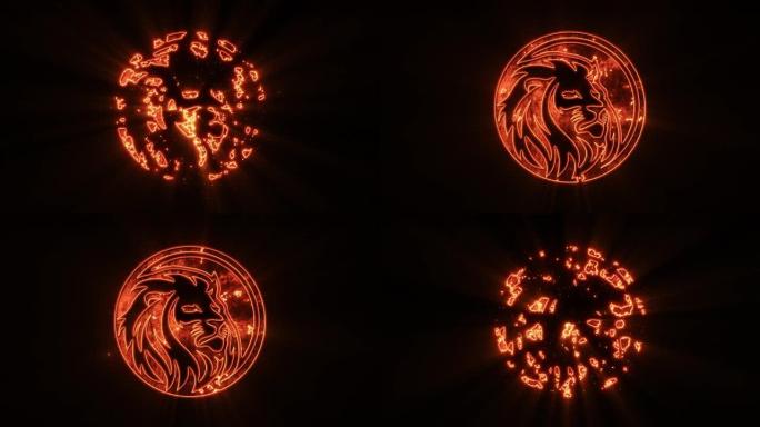 在空的黑色背景上孤立的橙色发光狮子标志的动画