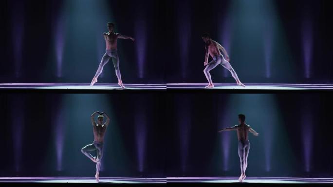 年轻优雅的古典芭蕾舞男舞者在剧院舞台上表演，并带有戏剧性的聚光灯照明。运动男子跳舞并排练舞蹈表演