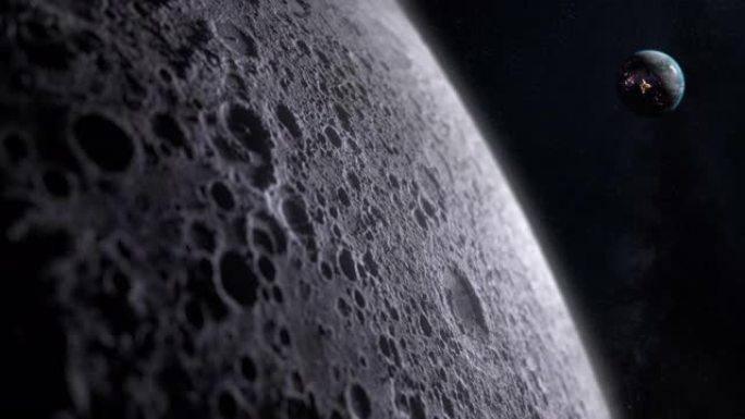 从月球表面看电影行星地球。背景中繁星点点的空间。带着陨石坑穿越月球土壤。