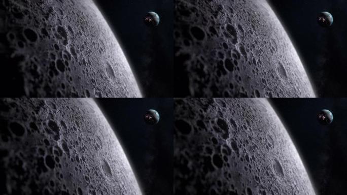 从月球表面看电影行星地球。背景中繁星点点的空间。带着陨石坑穿越月球土壤。