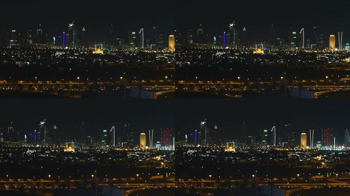 迪拜摩天大楼的夜景。