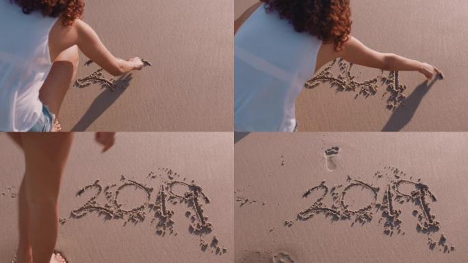 年轻女子在沙滩上写2019新年庆祝暑假旅行