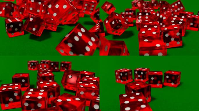 骰子滚动清楚红色慢动作近景DOF在绿色的毡桌面