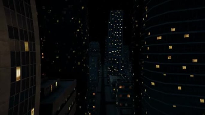 抽象城市未来虚拟现实的3d渲染。夜城的空四分之一。夜城街上的摄像机运动。空荡荡的街道之夜