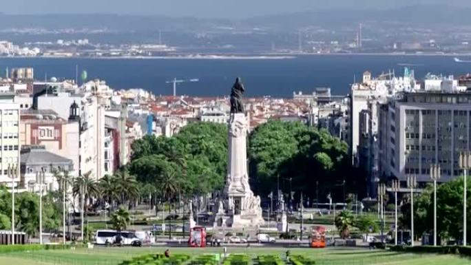 葡萄牙里斯本爱德华多七世公园和带有纪念碑的花园延时