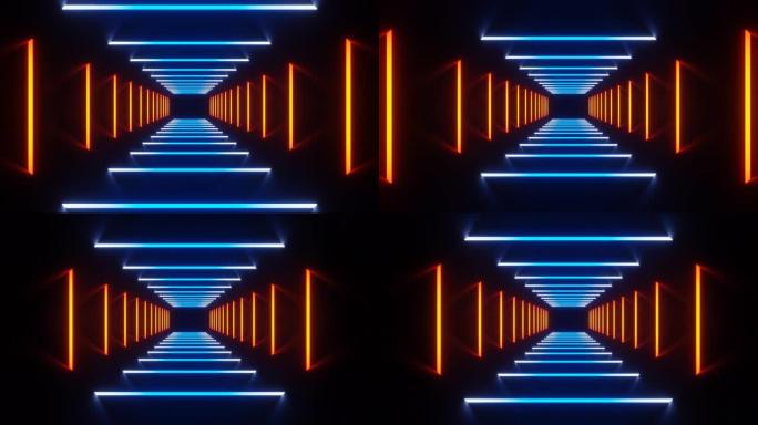蓝色和橙色线条抽象技术霓虹灯隧道循环动画背景